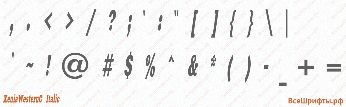 Шрифт XeniaWesternC Italic со знаками препинания и пунктуации
