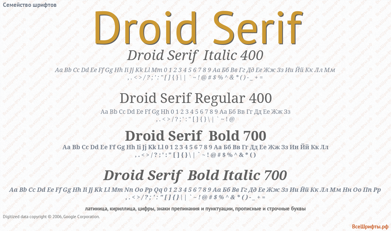 Семейство шрифтов Droid Serif