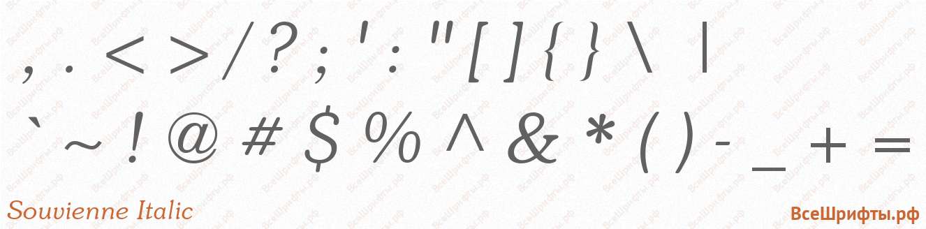 Шрифт Souvienne Italic со знаками препинания и пунктуации